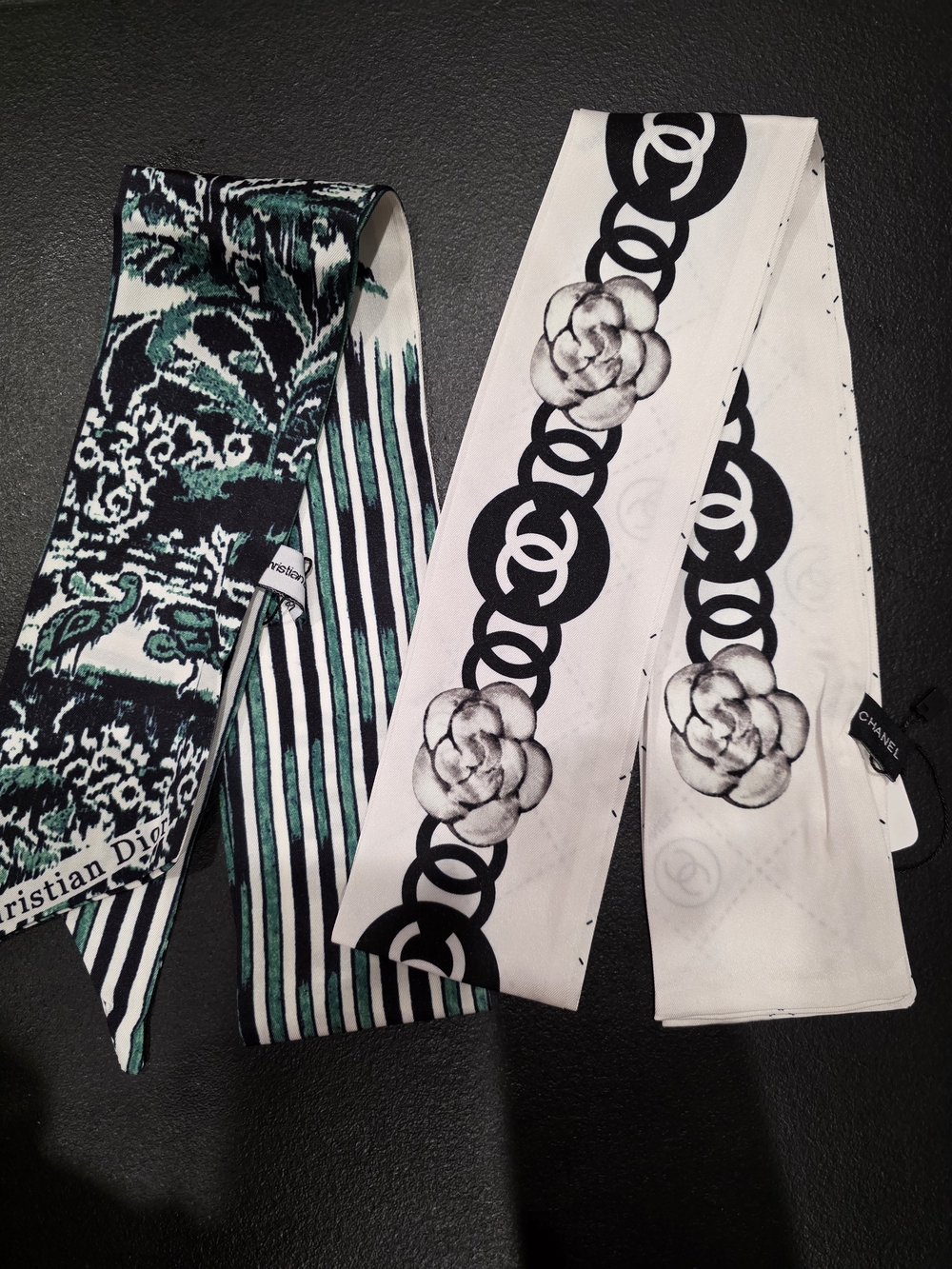 Designer Inspired White & Black Floral Chain Silk Scarf Set Of 2
